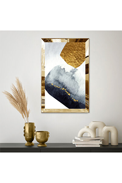 Zevahir Mobilya Dekorasyon Gold Aynalı Pleksi Çerçeveli Açık Renk Arka Planlı Lacivert Ve Altın Soyut Şekiller Tekli Mdf Tablo