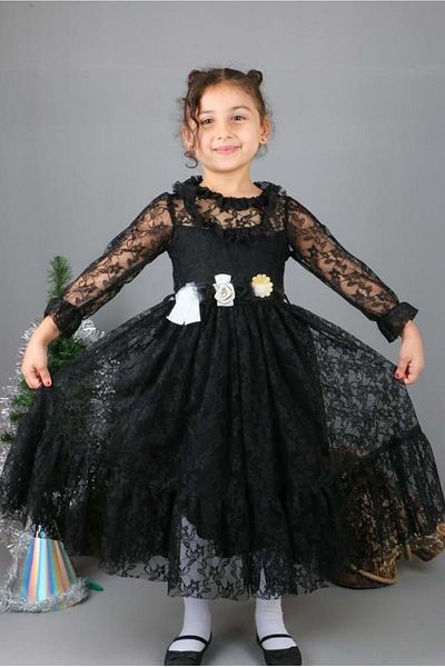 Mnk Baby&Kids Rochie Hijab Copii Din Dantela Motiv Floral MNK0580 NEGRU