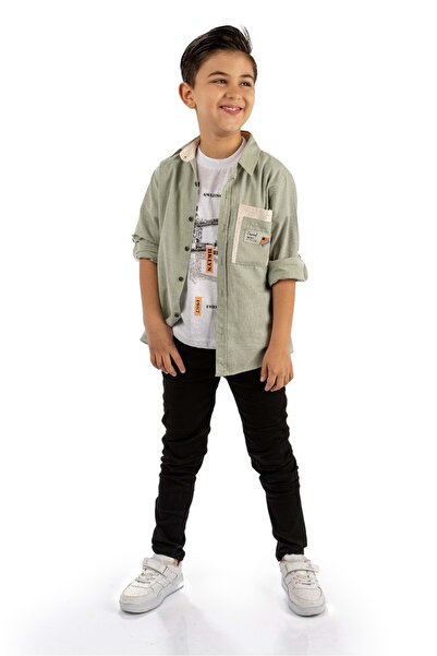 Mnk Baby&Kids Double Pocket Shirt, Trousers, T-Shirt 3 Pieces Cotton Boy Set MNK965 KHAKI