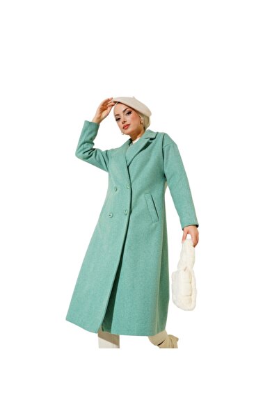 TIWCO Yeşil Oversize Geniş Kesim Yünlü Uzun Kaşe Kaban 9113