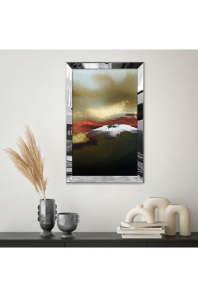 Zevahir Mobilya Dekorasyon Masa MDF cu un singur design abstract, cu cadru din plexiglas cu oglinda argintie, culoare verde si rosu