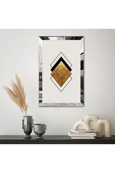 Zevahir Mobilya Dekorasyon Masa MDF simpla cu design geometric in culoare neagra si aurie cu rama din plexiglas cu oglinda argintie
