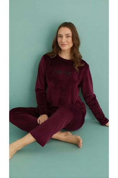 Mihra Mi̇hra Women's Velvet Flat Leg Pajamas Set