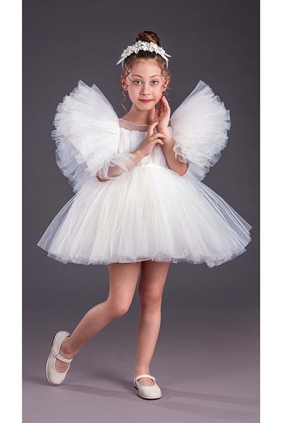 Mnk Baby&Kids Tutu Sukně Nafouklé rukávy Comotini Dívčí večerní šaty s korunkou MNK0582 BÍLÁ
