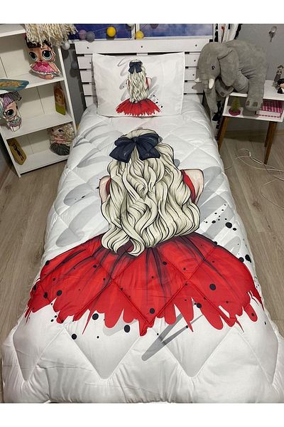 yok yok evim eve dair her şey Girl in Red Dress Digital Printed Single Quilt Set