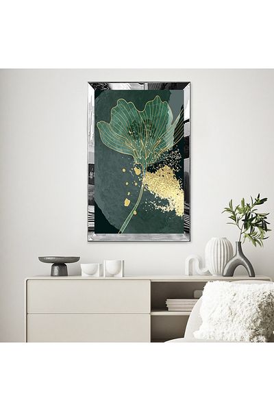 Zevahir Mobilya Dekorasyon Pictură unică MDF cu flori abstracte de culoare aurie și verde cu cadru din plexiglas cu oglindă argintie