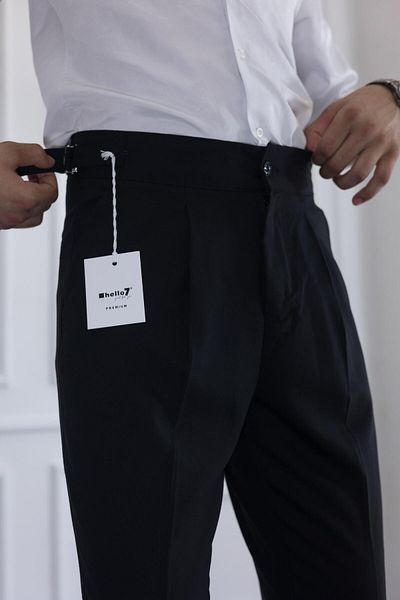 moda biz Pantaloni din stofă slim fit cu pliuri italiene cu cataramă neagră pentru bărbați