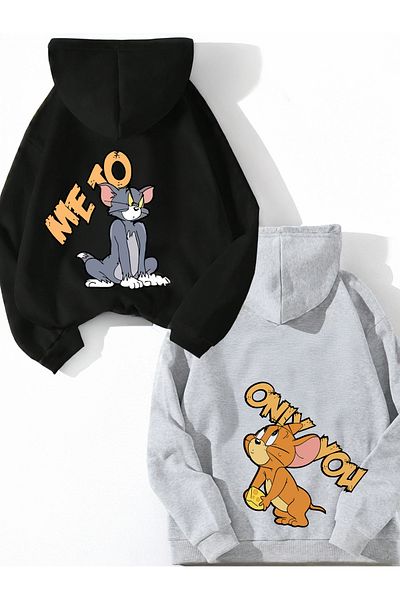 Mythologie Tom And Jerry Me To Only You Dear Couple Combination - Black Gray Printed Oversize Hooded Sweatshirt