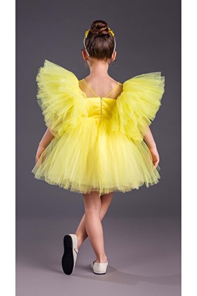 Mnk Baby&Kids Tütü Etekli Kabarık Kollu Komotini Taçlı Kız Çocuk Abiye Elbise MNK0582 SARI