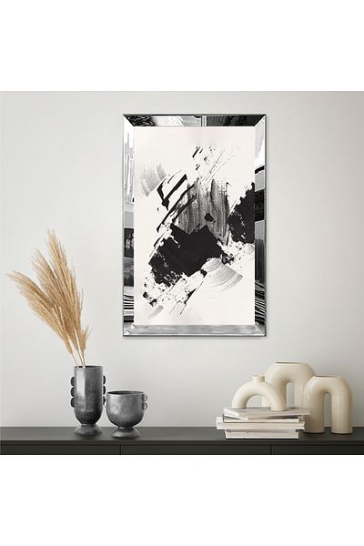 Zevahir Mobilya Dekorasyon Pictură unică din MDF cu cadru din plexiglas cu oglindă argintie, culoare gri și neagră, cu design abstract