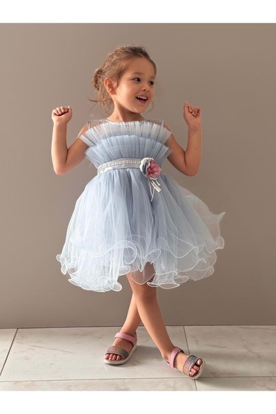 Mnk Baby&Kids Kız Çocuk Tütülü Vena Elbise MNK285 MAVİ