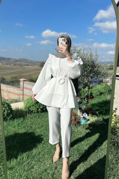 Lamia Giyim White Scuba Is Hijab - Ruffled Layered Tunic Set