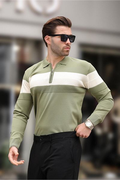 Madmext Khaki Zippered Polo Collar Striped Long Sleeve Sweater E7288