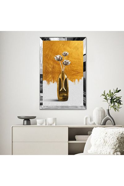 Zevahir Mobilya Dekorasyon Masa MDF cu un singur flori de culoare aurie cu rama din plexiglas cu oglinda argintie
