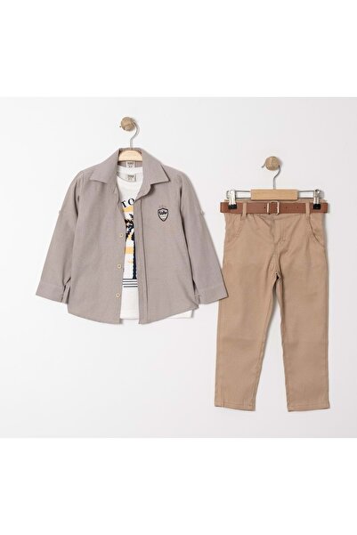 Mnk Baby&Kids Gray Palm Printed T-shirt, Shirt and Pants Set - Mnk4136