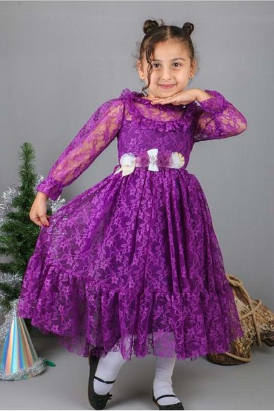 Mnk Baby&Kids Flower Motif Lace Children's Hijab Dress MNK0580 PURPLE