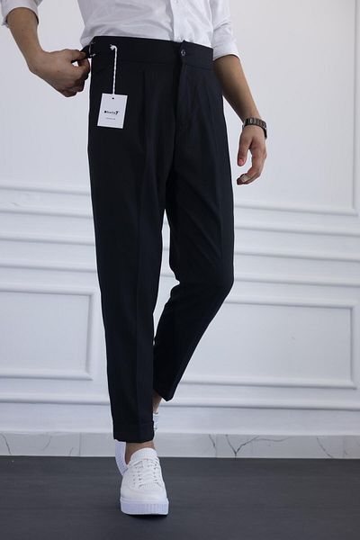 moda biz Pantaloni din stofă slim fit cu pliuri italiene cu cataramă neagră pentru bărbați