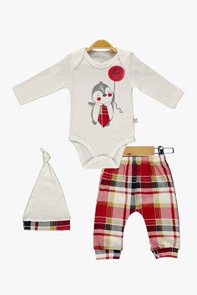 Mnk Baby&Kids Kravatlı Penguen Badi , Pantolon , Şapka Penye Takım MNK0587 KIRMIZI