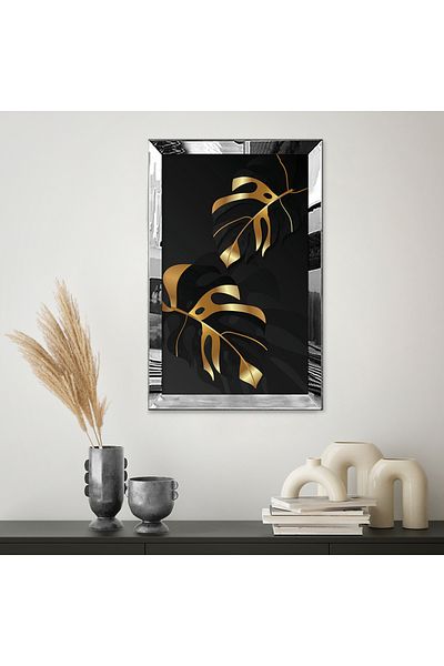 Zevahir Mobilya Dekorasyon Masa MDF cu frunze mari de culoare aurie cu cadru din plexiglas cu oglinda argintie si fundal negru