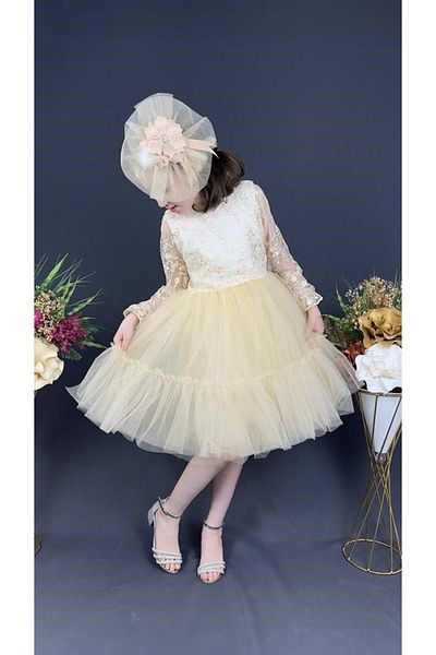 Mnk Baby&Kids Ecru Vintage Evening Dress - Long Sleeve, Laced Buckle, Mnk0472