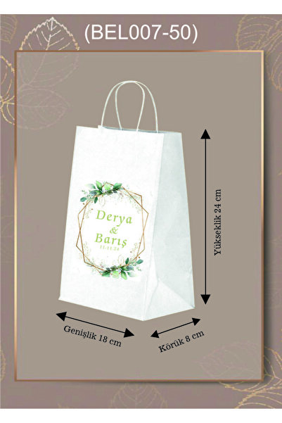 AMBALAJDÜNYAM 50 Adet Kişiye Özel İsim Baskılı Nikah Düğün Figürlü Hediyelik Kağıt Çanta / Poşet (18*8*24)