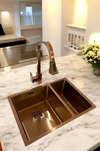 LAVELLO STYLE Doppio Ochio Pvd Kaplama 44×58 Bakır Renk Paslanmaz Çelik Evye