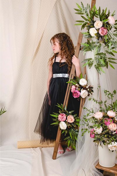 Mnk Girl's Satin Evening Dress with Back and Tulle Mnk0340 Black