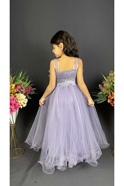 Mnk Baby&Kids Kız Çocuk Robası Katlı Özel Gün Abiye Elbise MNK0475 LİLA
