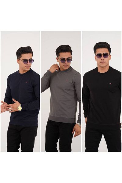 Est Estola Men's Basic Crew Neck Relaxed 2 Thread Sweatshirt Set of 3 Black Smoked Navy Blue