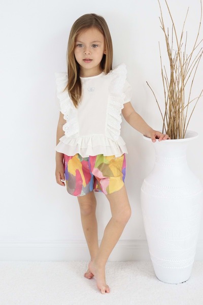 Mnk Baby&Kids Scalloped Butterfly Motif Shorts Cotton Woven Girl's Suit TF7352 ECRU