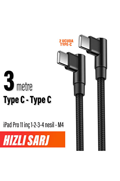 EXENAR iPad Pro 11 inç 1-2-3-4 nesil M4 Şarj Kablosu Uzun 3 metre Type C to T...