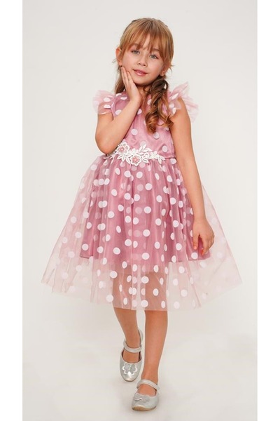 Mnk Baby&Kids Flok Puantiyeli Kız Çocuk Elbise MNK0488 GÜL KURUSU