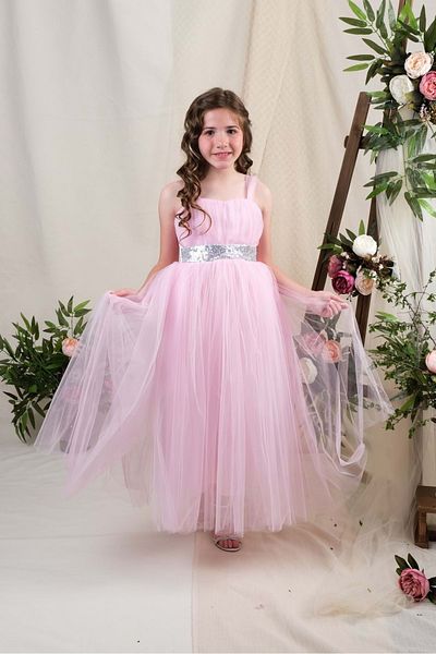 Mnk Back Guiped Tulle Girl's Satin Evening Dress Mnk0340 Pink