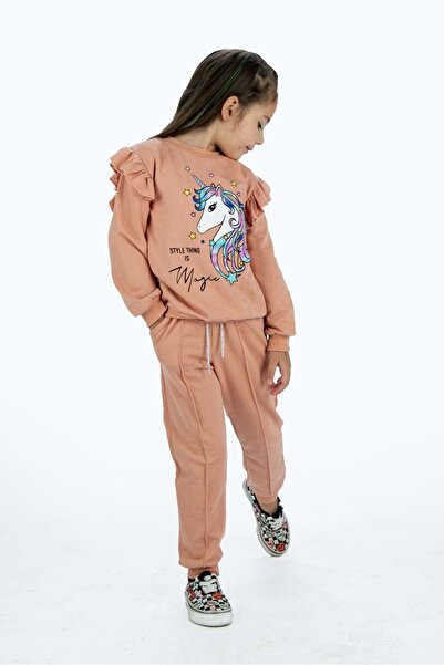 Mnk Baby&Kids Kız Çocuk Atlı 2iplik Kumaş Eşofman Takımı MNK0427 KOYU SOMON