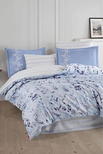 Hobby Emily Pamuk Saten Çift Kişilik Nevresim Takımı Mavi