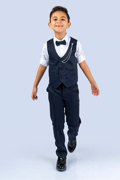 Mnk Baby&Kids Boy's Set - Chain, Vest, Double Row Buttons, Navy Blue Mnk0484