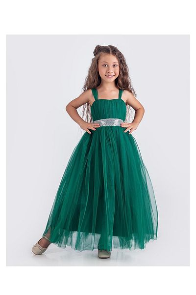 Mnk Girl's Satin Party Evening Dress with Back Guipes and Tutu Skirt, Dark Green 0340