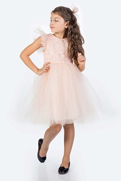 Mnk Baby&Kids Roza Dantel Tütü Kız Çocuk Abiye Elbise MNK0546 SOMON