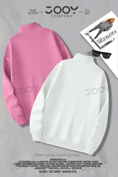 Jooy Company Φούτερ με μισό φερμουάρ με αστέρι ροζ - λευκό σετ καμπάνιας 2 τεμαχίων