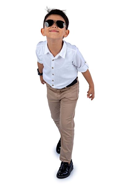 Mnk Baby&Kids Tarz Gömlek Gabardin Pantolon Erkek Çocuk Takım MNK0422 BEYAZ - BEJ