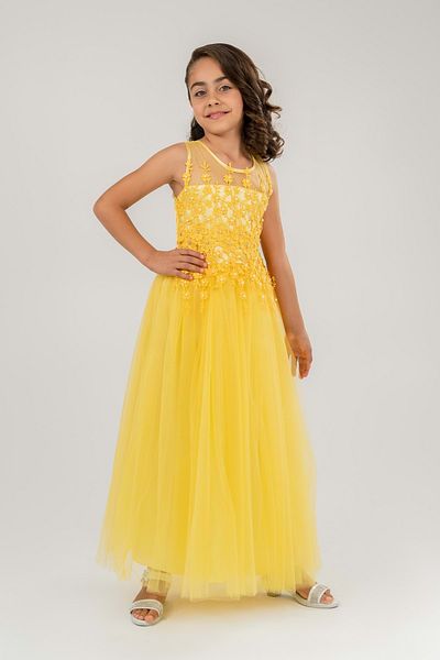 Mnk Baby&Kids Rochie De Mireasa Fara Maneci Copii Model Guipur Galben Rochie De Seara - Mnk0469