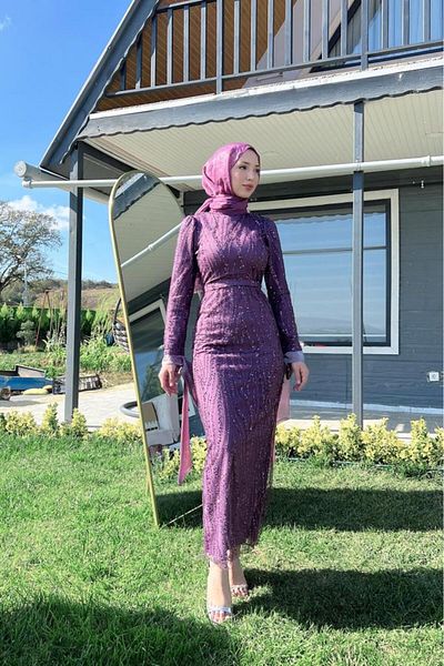 Lamia Giyim Lilac Hijab Evening Dress - Lines and Sequins