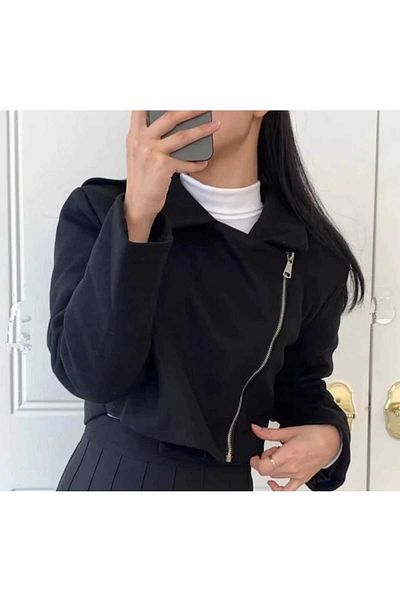 NEVEGE BUTİK FEMEI CU CUREA INFERIOR CU fermoar incrucisat STICLA CROP JACKET-negru