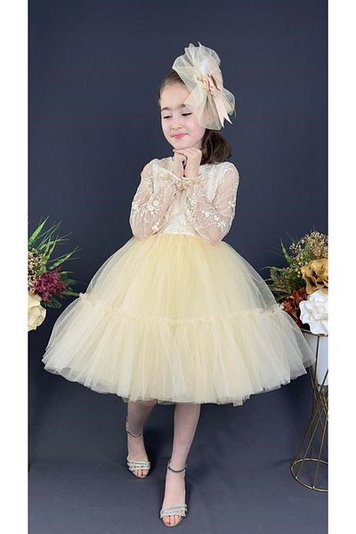 Mnk Baby&Kids Ecru Vintage Evening Dress - Long Sleeve, Laced Buckle, Mnk0472