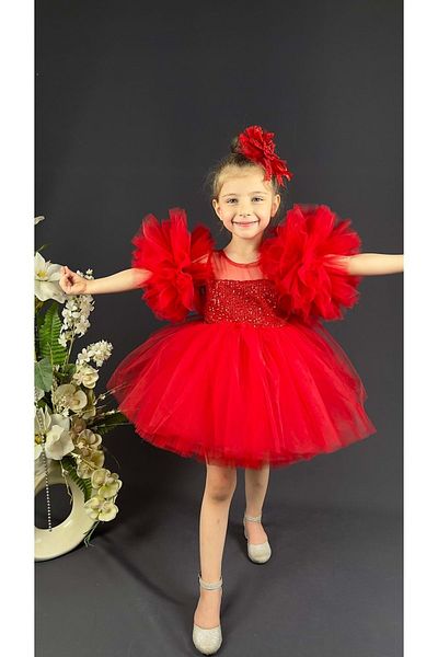 Mnk Baby&Kids Sifon köntös pompon ujjú flitteres lány bolyhos szoknya Tutu estélyi ruha piros