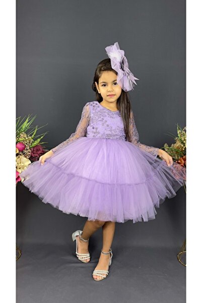Mnk Baby&Kids Uzun Kol Güpürlü Tokalı Vintage Abiye Elbise MNK0472 LİLA