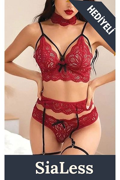 Qvien Secret Women's Burgundy Leg Lace Banded Sexy Fancy Garter Lingerie Set Underwear
