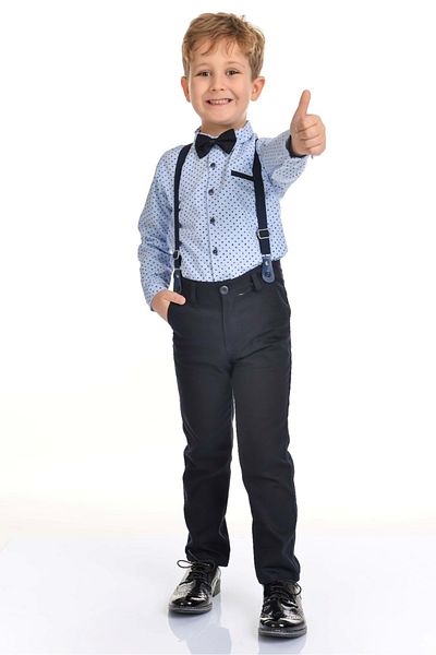 Mnk Pantaloni lungi Cămașă cu model întunecat Set băieți Mnk0301 Albastru