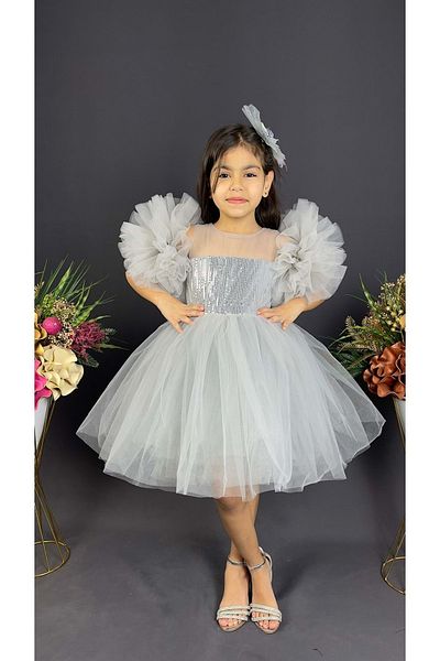 Mnk Baby&Kids Chiffon Robe Pompom Sleeve Sequined Girl's Crinoline Skirt Tutu Evening Dress Gray