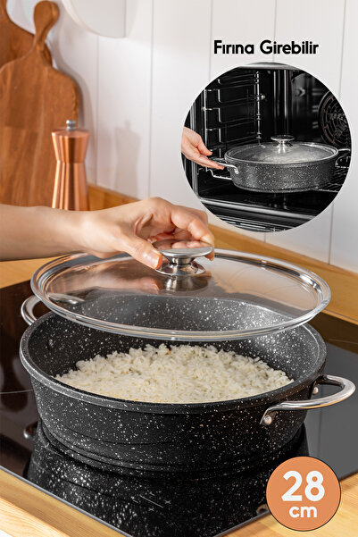 FİTHOME 24-28-30 Cm Cast Iron Granite Fireproof Non-Stick Can Enter Oven Small Large Medium Size Rice Pot